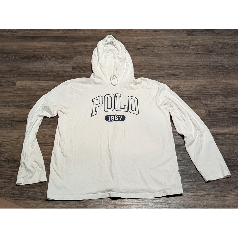 Polo Ralph Lauren Mens White Graphic Hooded Long Sleeve T-Shirt Large 1967 Logo